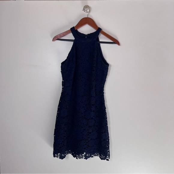 LULU’S LOVE POEM NAVY BLUE LACE MINI DRESS Small - Picture 8 of 16